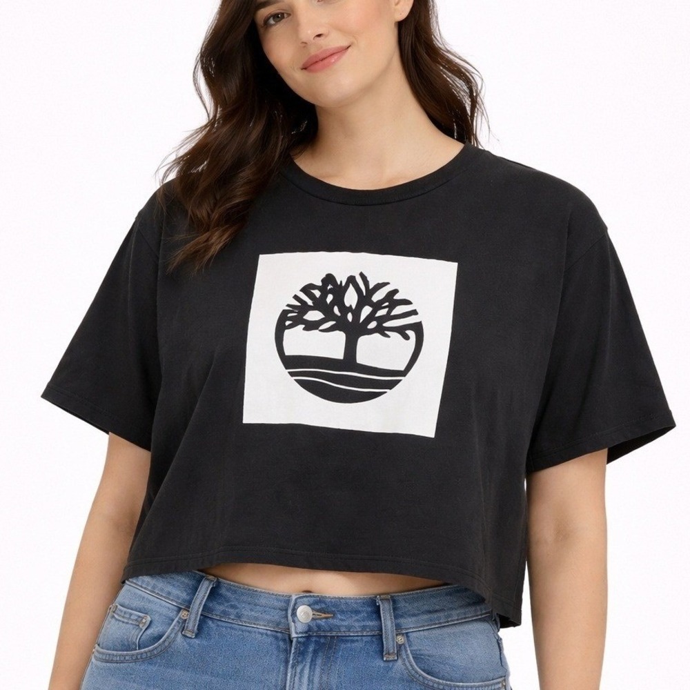 Timberland Black Cropped Graphic Print TShirt 100% Organic Cotton -‎ M